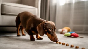 A dachshund sniffing out treats on floor